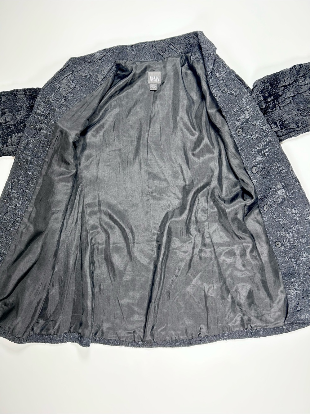 Eileen Fisher Crinkle Jacket Women's Medium Black 3/4 Sleeve Mid Length Textured - Picture 14 of 15